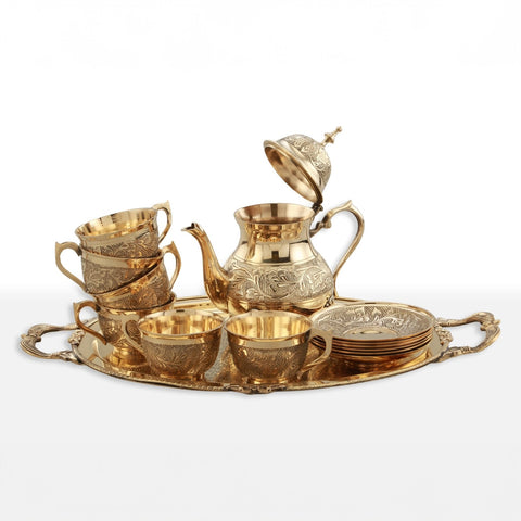 Vintage-Inspired 14-Piece Brass Etched Tea Set | Elegant Afternoon Tea Party Set | Unique Wedding or Anniversary Gift