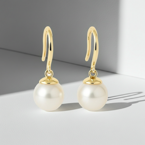 14K Solid Gold 9.00 MM Real South Sea Pearl Drop Earrings-0