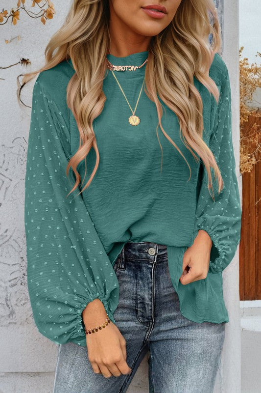 Solid Swiss Dot Balloon Sleeve Blouse