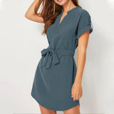 V-neck Short Sleeve Dress With Belt