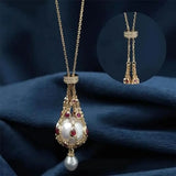 Women Exquisite Pearl Gemstone Lavalier Pendant Elegant Pearl Pendant Necklaces Natural Pearl Metal Braided Mesh Necklace
