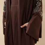 Eid Abaya - Perfect for Eid Celebrations Elegant Dark Brown Three-Piece Bead Embroidery (MOA112)