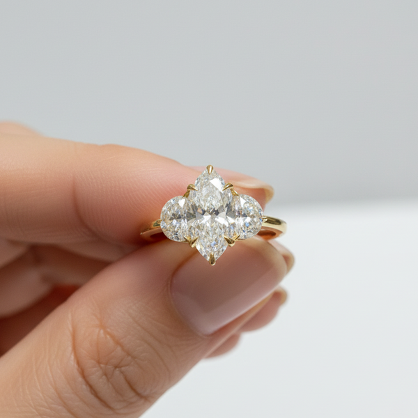 Marquies Cut Diamond 3 Stone Side Moon 14K Solid Gold Engagement Ring-0