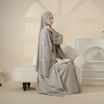 Olive Branch Embroidered Linen Abaya Set With Matching Belt & Hijab (MOA037)