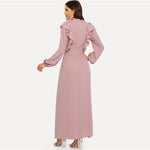 Pink Abaya Tie Neck Fit and Flare Ruffle Pleated High Waist A Line Dress Women Spring Solid Elegant Maxi Dresses