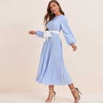 Abaya Blue Lantern Sleeve Polka Dot Pleated Dress With Belt Women Spring A Line Elegant High Waist Long Dresses
