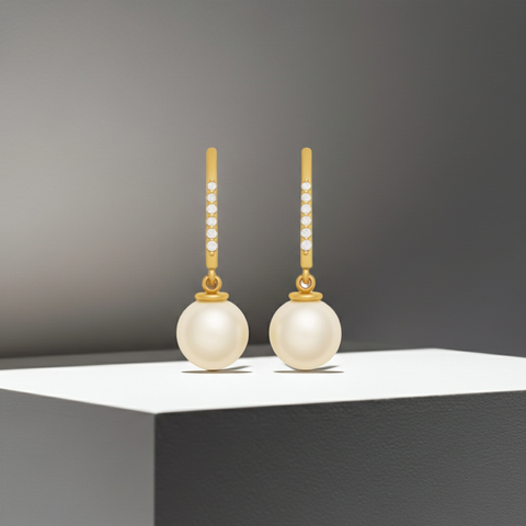 8.00MM Real South Sea Pearl Dangling Diamond 14K Solid Gold Earrings-0