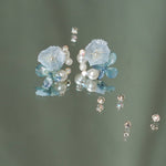 Real Blue Hydrangea Earrings with Pearl & Crystal Drop - "Raindrop Waltz" Botanical Jewelry