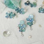 Real Blue Hydrangea Earrings with Pearl & Crystal Drop - "Raindrop Waltz" Botanical Jewelry